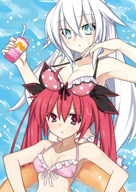2girls, aqua_eyes, bikini, black_heart, bow, breast_rest, breasts, breasts_on_head