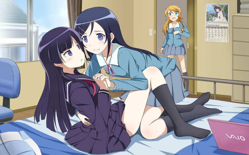 3girls, aragaki_ayase, bed, black_hair, black_legwear, blue_eyes, blush, calendar