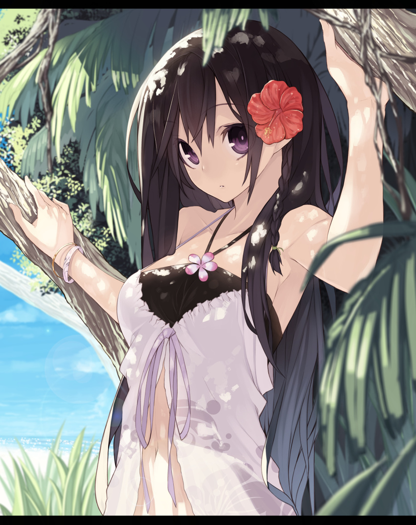 1girl, beach, bikini, black_hair, blush, bracelet, braid, flower