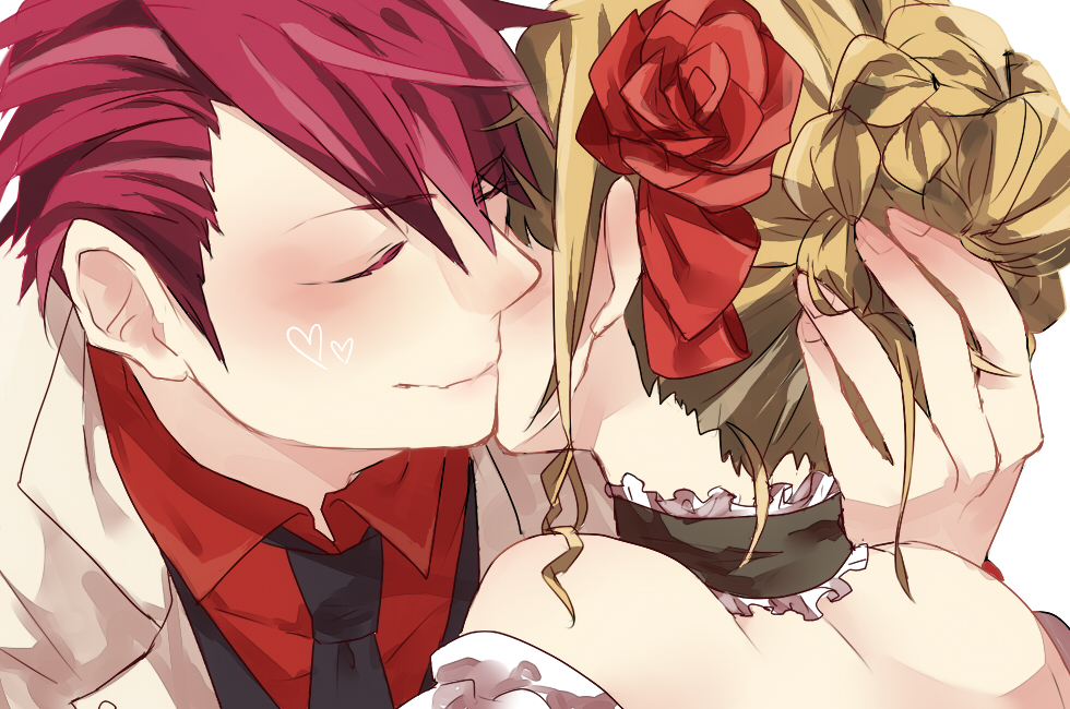 1boy, 1girl, bare_shoulders, beatrice, blush, cheek_kiss, choker, closed_eyes