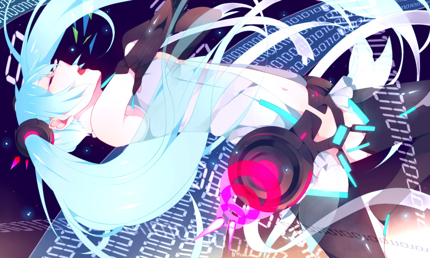aqua_hair, belt, closed_eyes, hatsune_miku, highres, hisame, long_hair, twintails