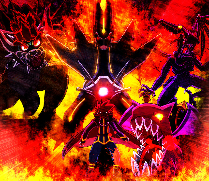 1boy, blood, bowser, cape, chimera, crossover, dialga, fangs