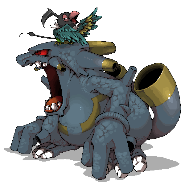 chatot, exploud, no_humans, open_mouth, pokemon, pokemon_(creature), red_eyes, yamipika