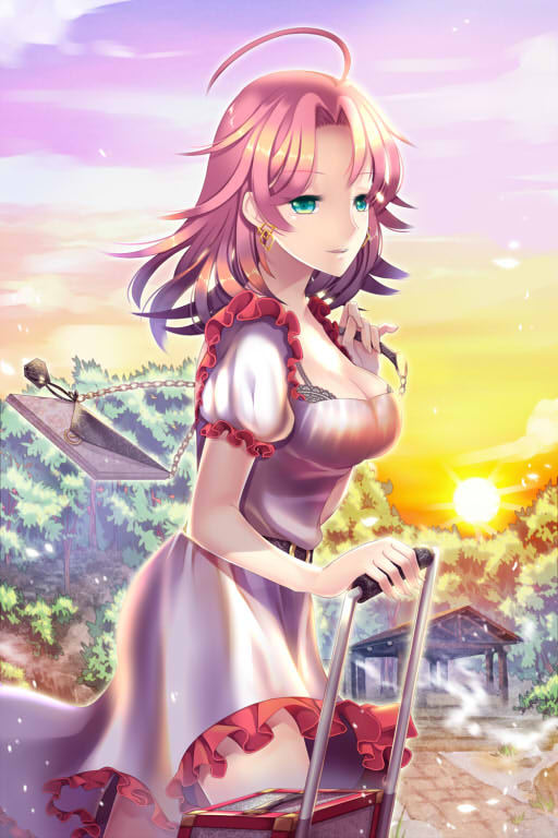 1girl, agrt, ahoge, bag, breasts, cleavage, dress, earrings