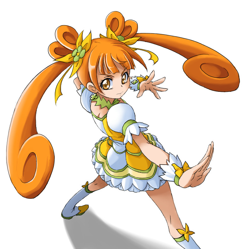 1girl, cure_rosetta, dokidoki!_precure, fighting_stance, from_above, long_hair, orange_eyes, orange_hair, outstretched_arm, outstretched_hand, precure, shadow, simple_background, solo, standing, twintails, uraki, white_background, yotsuba_alice