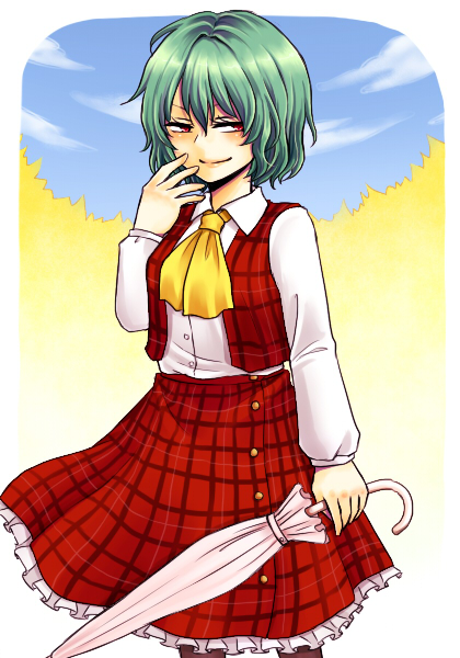 1girl, ascot, black_legwear, cappuccino1, green_hair, kazami_yuuka, pantyhose, plaid