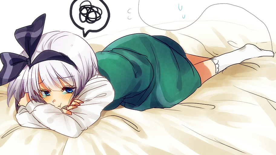 1girl, :t, blue_eyes, crossed_arms, hair_ribbon, head_rest, kneehighs, konpaku_youmu