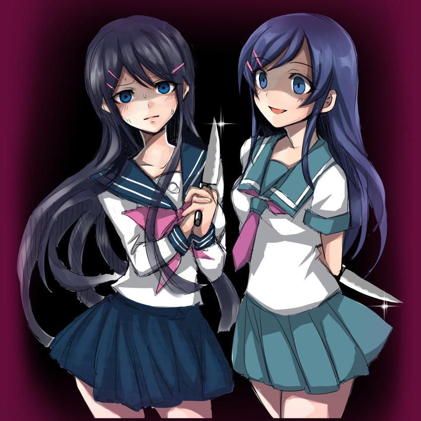 2girls, absurdres, aragaki_ayase, black_hair, blue_eyes, crossover, dangan_ronpa, empty_eyes