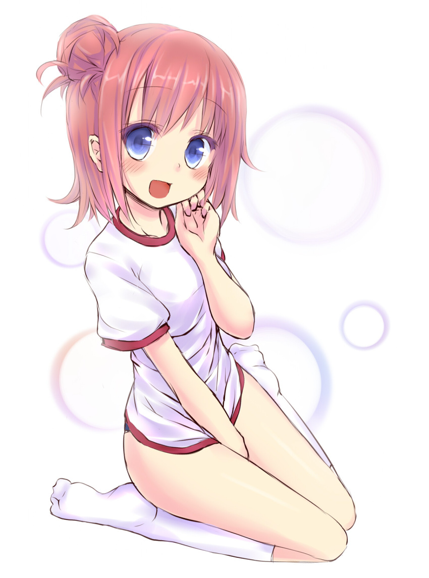 1girl, blue_eyes, blush, breasts, bulbonne, buruma, gym_uniform, hair_bun
