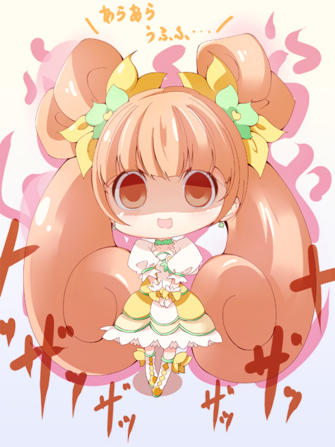 1girl, :d, aura, chibi, cure_rosetta, dokidoki!_precure, empty_eyes, long_hair, open_mouth, orange_eyes, orange_hair, precure, sakurai_toma, shaded_face, smile, solo, twintails, yandere, yotsuba_alice