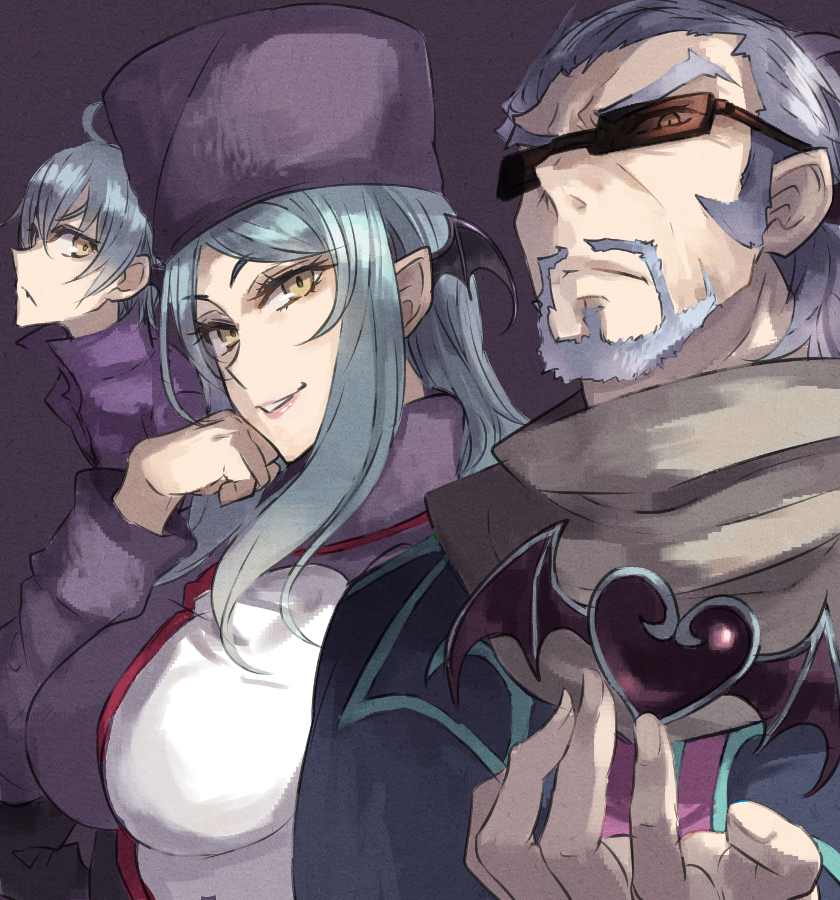 1girl, 2boys, bat_wings, bel_(dokidoki!_precure), black_wings, blue_hair, dokidoki!_precure, facial_hair