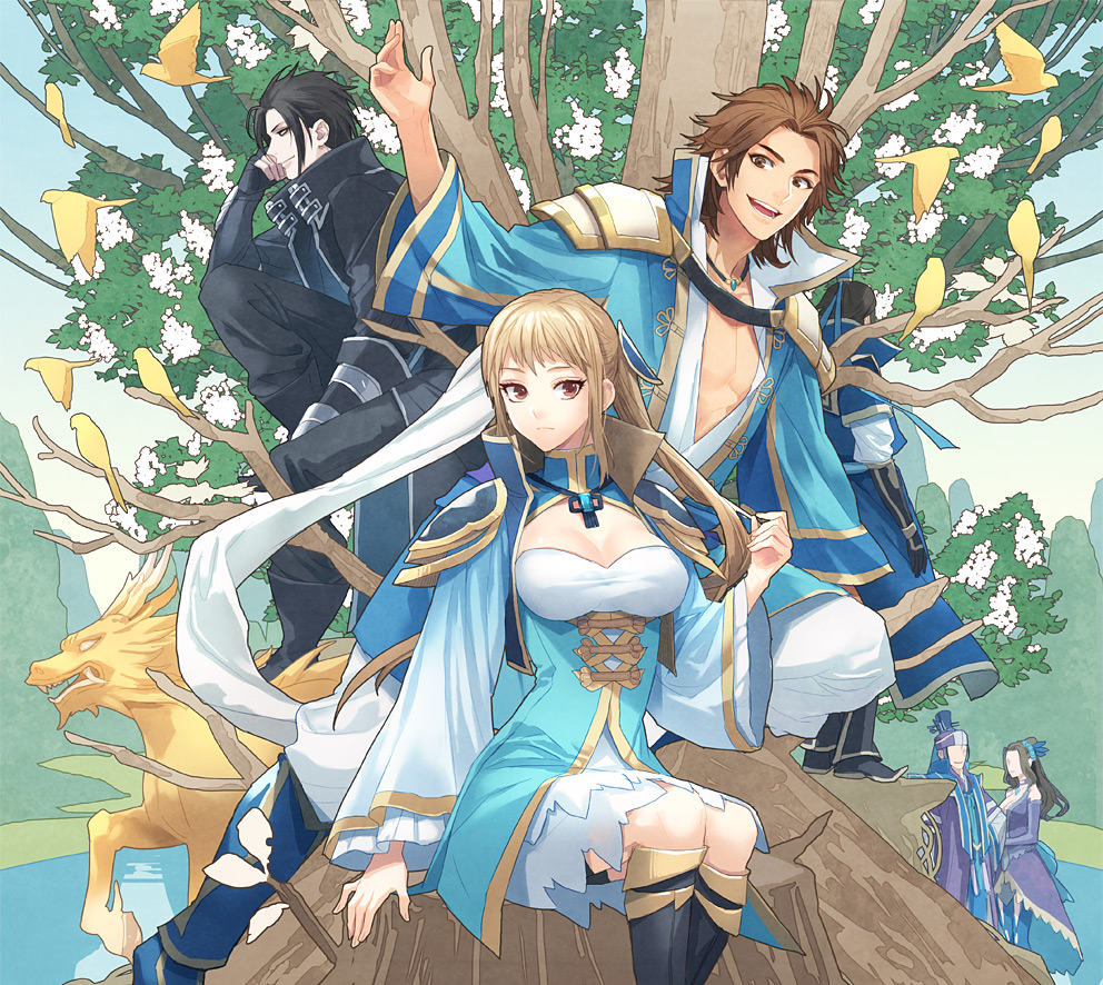 2girls, 4boys, bird, black_hair, blood, brown_eyes, brown_hair, dress, hat, jacket, jia_chong, long_hair, looking_at_viewer, multiple_boys, multiple_girls, pale_skin, shin_sangoku_musou, shin_sangoku_musou_7, sima_shi, sima_yi, sima_zhao, sitting, toichi_(ik07), tree, wang_yuanji, zhang_chunhua