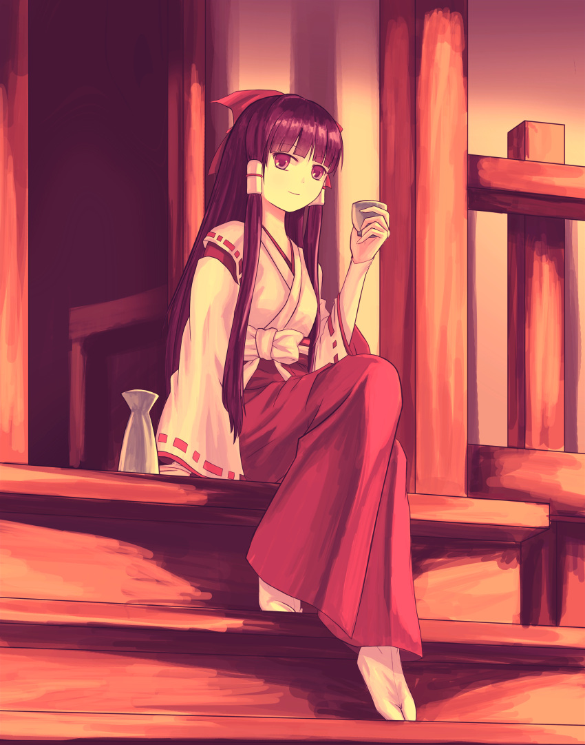 1girl, absurdres, alcohol, bottle, bow, choko_(cup), cup, hair_bow