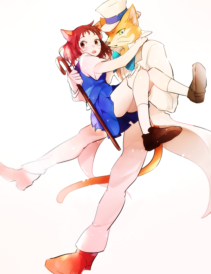 1boy, 1girl, animal_ears, bowtie, brown_hair, carrying, cat, cat_ears