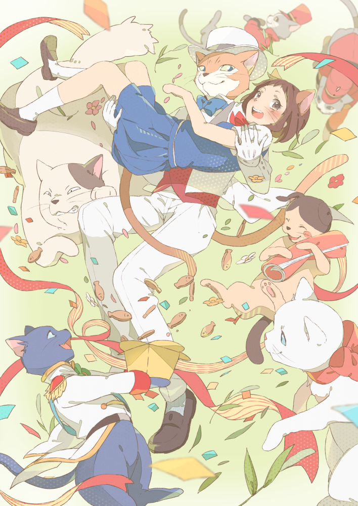 animal_ears, bowtie, brown_hair, carrying, cat, cat_ears, formal, furry, gloves, hat, kana_(okitasougo222), muta_(neko_no_ongaeshi), neko_no_ongaeshi, prince_lune, princess_carry, studio_ghibli, the_baron, top_hat, white_gloves, yoshioka_haru, yuki_(neko_no_ongaeshi)