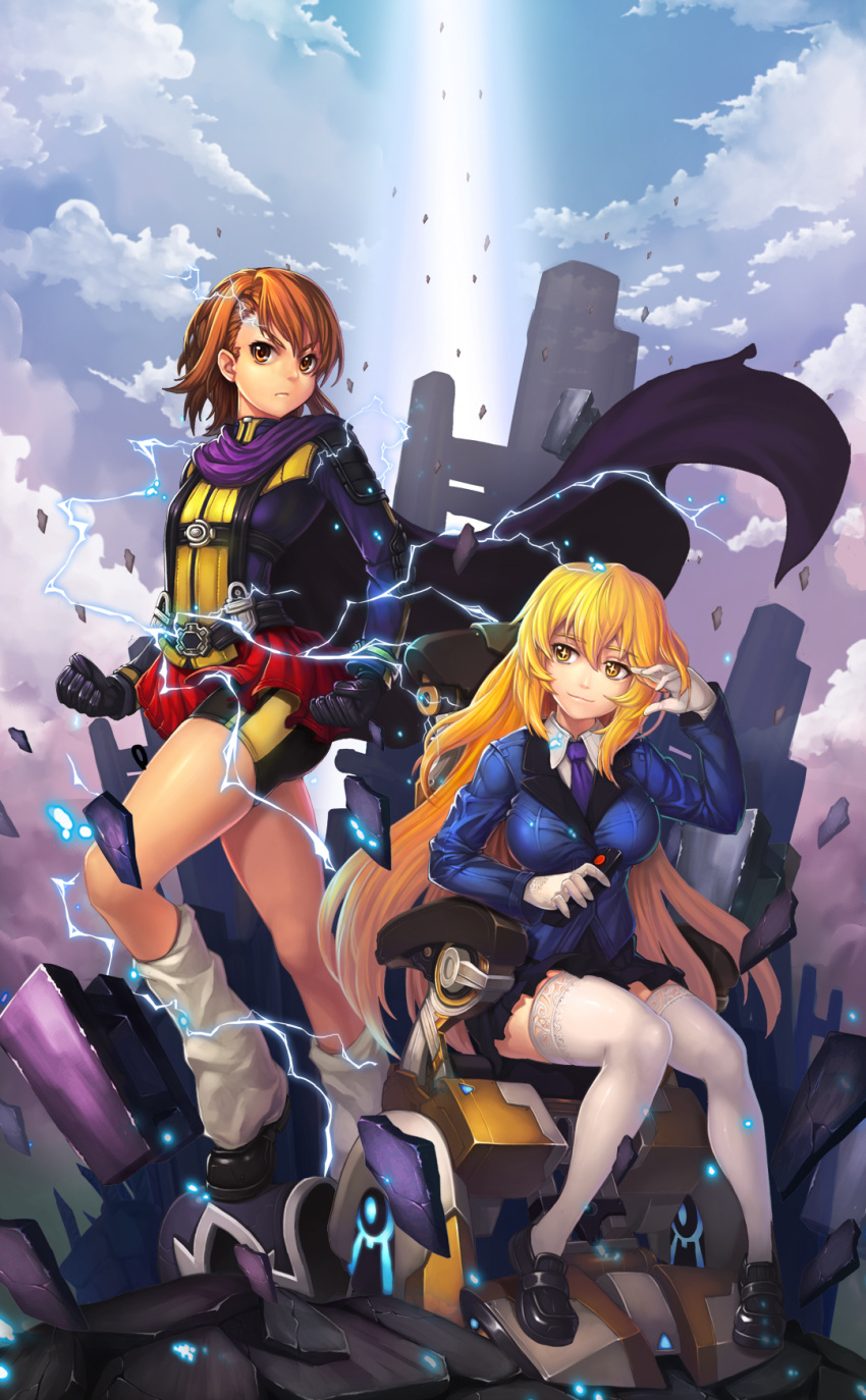 +_+, 2girls, bike_shorts, blonde_hair, breasts, brown_eyes, brown_hair, charles_xavier, coat, controller, electricity, gloves, highres, jak, legs, magneto, marvel, misaka_mikoto, multiple_girls, necktie, parody, remote_control, scarf, shokuhou_misaki, skirt, socks, tagme, thigh-highs, to_aru_kagaku_no_railgun, to_aru_majutsu_no_index, wheelchair, white_legwear, x-men:_first_class, yellow_eyes