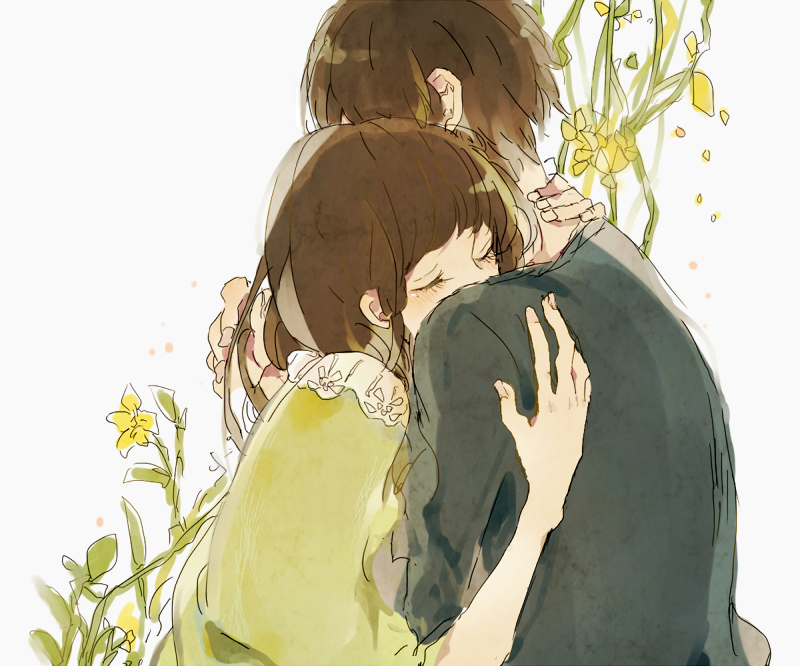 1boy, 1girl, blush, brown_hair, c4991, closed_eyes, couple, flower, hetero, hug, mole, original, short_hair
