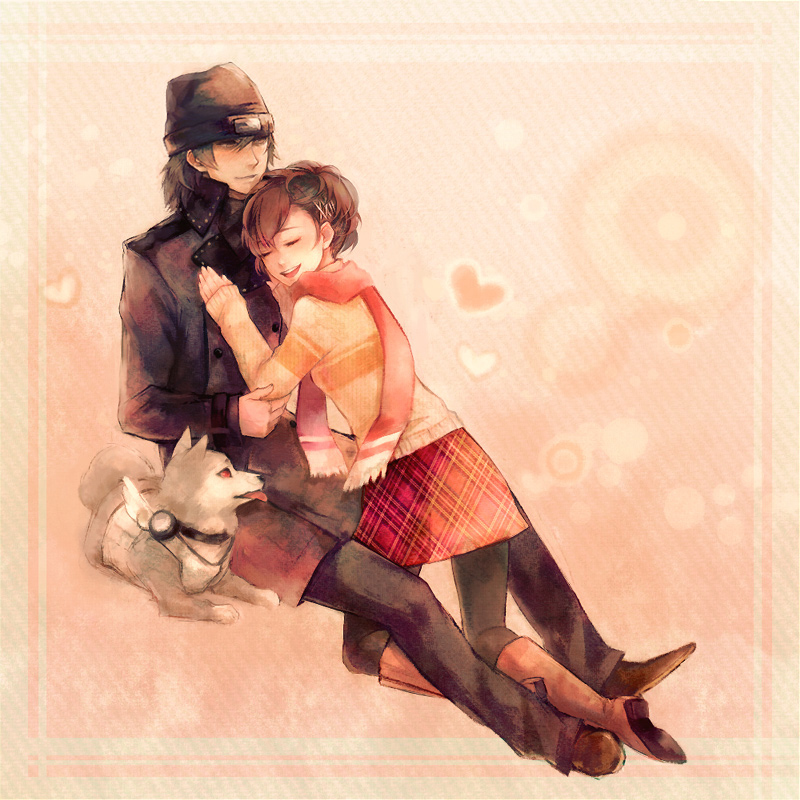 aragaki_shinjirou, beanie, blush, boots, brown_hair, closed_eyes, couple, dog, female_protagonist_(persona_3), hair_ornament, hairclip, hat, koromaru, pantyhose, persona, persona_3, persona_3_portable, plaid, scarf, short_hair, skirt, smile, trench_coat, trenchcoat, xxnicol