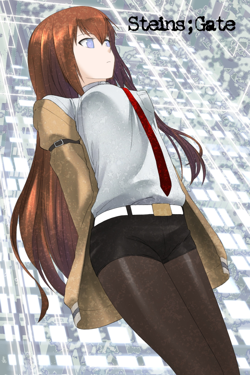 1girl, arms_behind_back, belt, blue_eyes, breasts, brown_hair, buckle, copyright_name