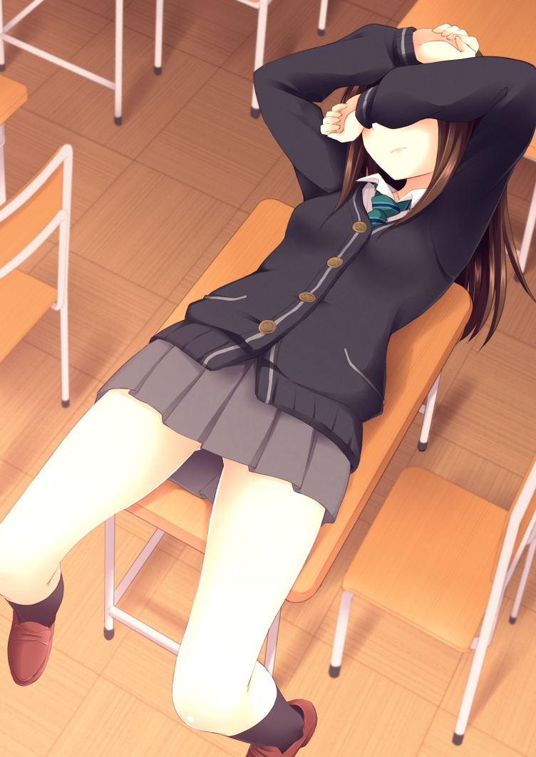 1girl, brown_hair, cardigan, chair, classroom, covering_eyes, desk, gray_skirt, idolmaster, idolmaster_cinderella_girls, long_hair, long_sleeves, lying, nagami_yuu, necktie, on_back, pleated_skirt, school_desk, school_uniform, shibuya_rin, skirt, solo