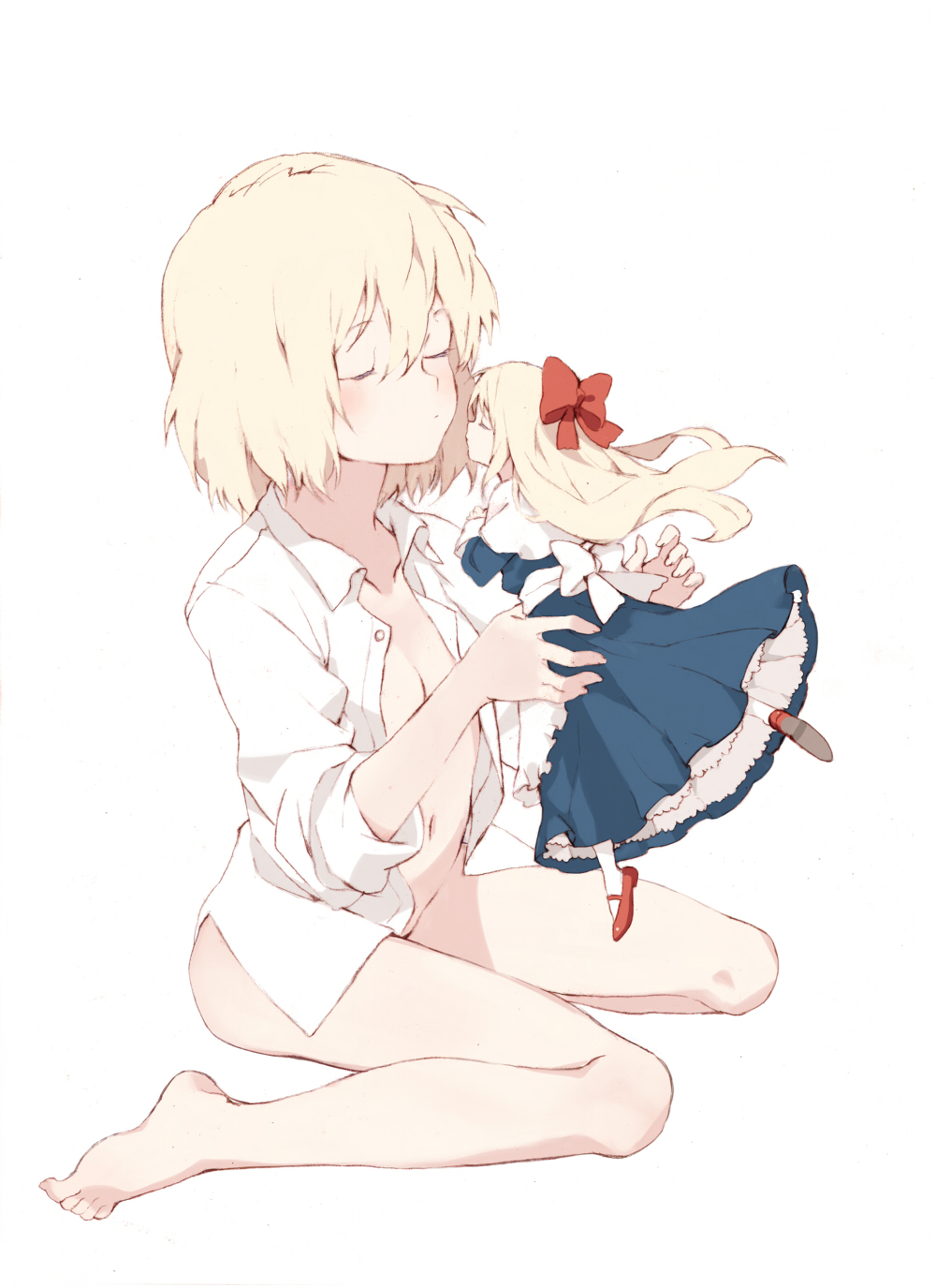 1girl, alice_margatroid, blonde_hair, blush, bow, closed_eyes, dress, hair_bow