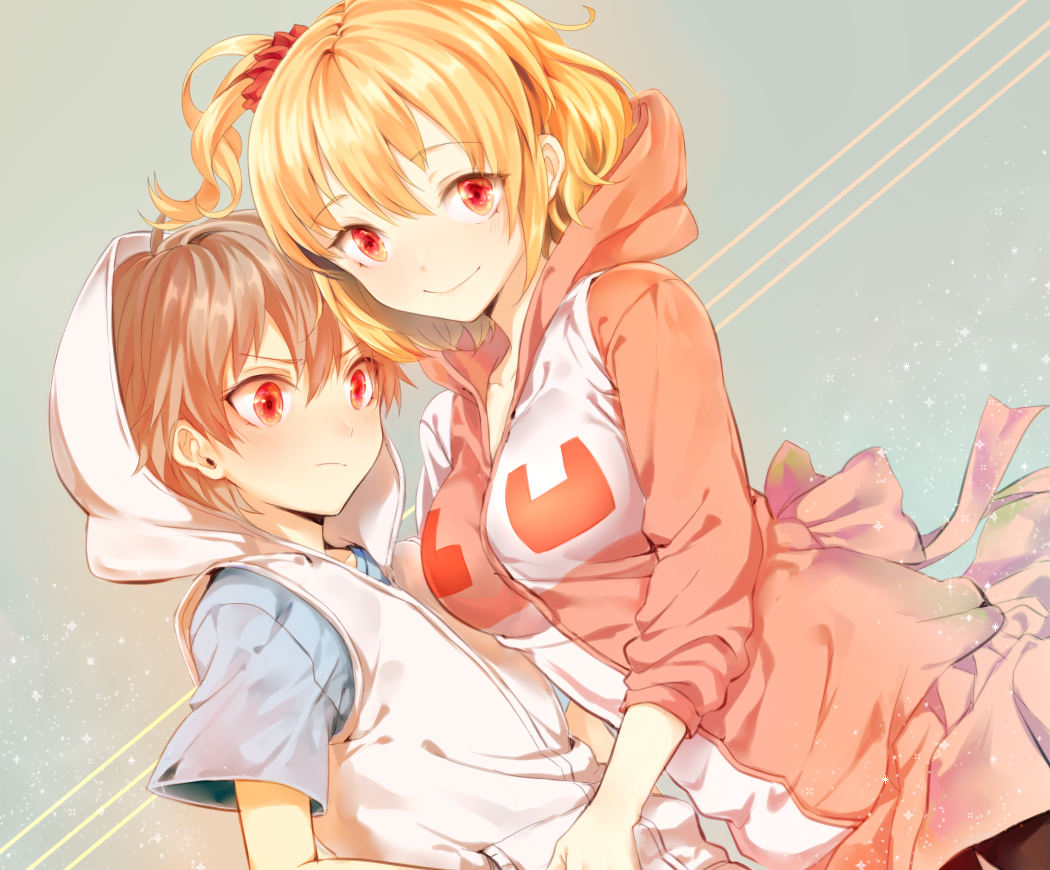 1boy, 1girl, apfl0515, blonde_hair, brown_hair, hibiya_(kagerou_project), hoodie, kagerou_project, kisaragi_momo, otsukimi_recital_(vocaloid), red_eyes, short_hair, side_ponytail, smile