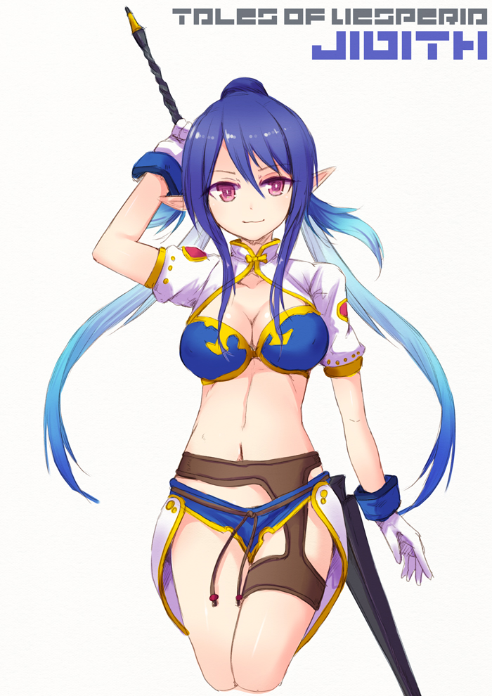 1girl, blue_hair, breasts, cleavage, copyright_name, ico_(green_bullet), judith, long_hair