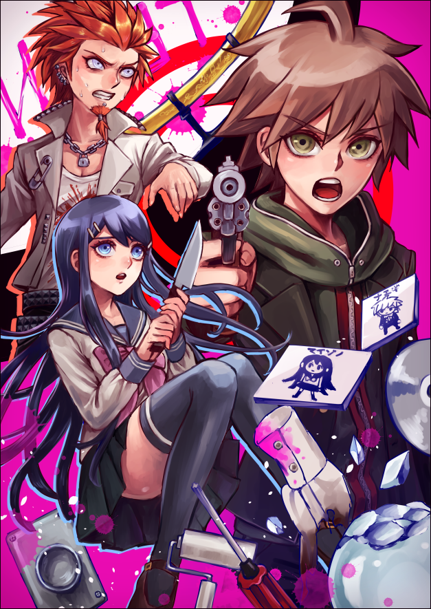 1girl, 2boys, ahoge, black_legwear, blood, blood_splatter, blue_eyes, blue_hair