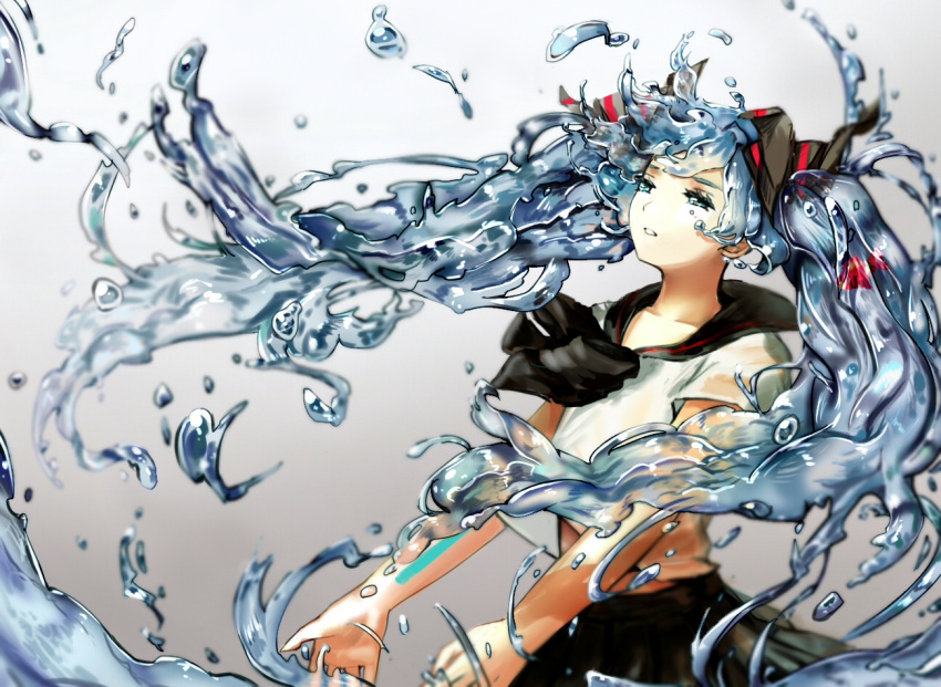 1girl, blue_hair, bottle_miku, fish, hair_ribbon, hatsune_miku, himasen, liquid_hair