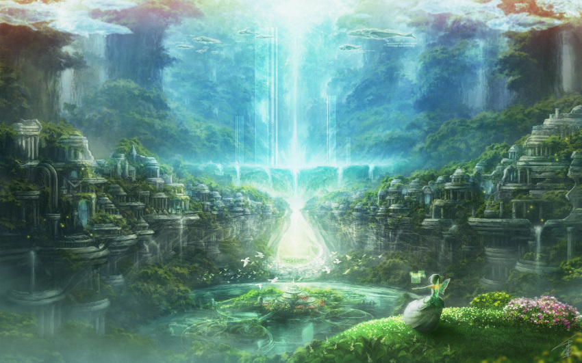 1girl, bird, building, chitose_rin, dress, fairy, fairy_wings, fish