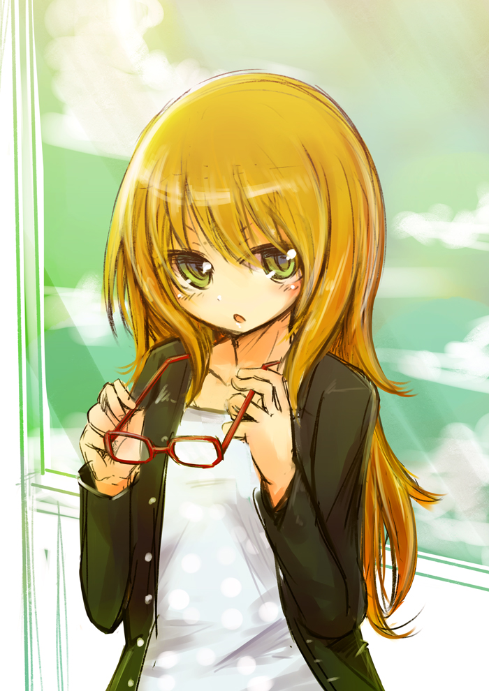 1girl, glasses, glasses_removed, green_eyes, ico_(green_bullet), long_hair, looking_at_viewer, solo