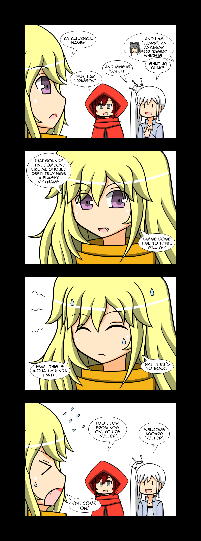 4koma, blake_belladonna, comic, english, fang, grey_eyes, highres, lunarisaileron