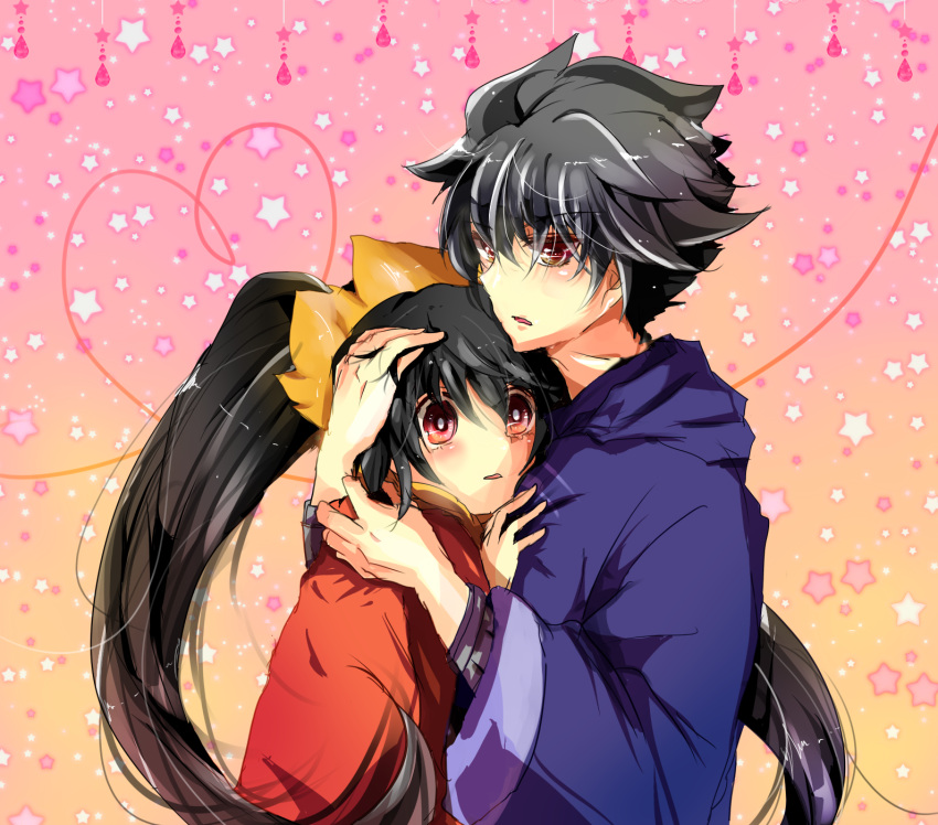 1boy, 1girl, artist_request, ashley, black_hair, brown_eyes, couple, hand_on_head