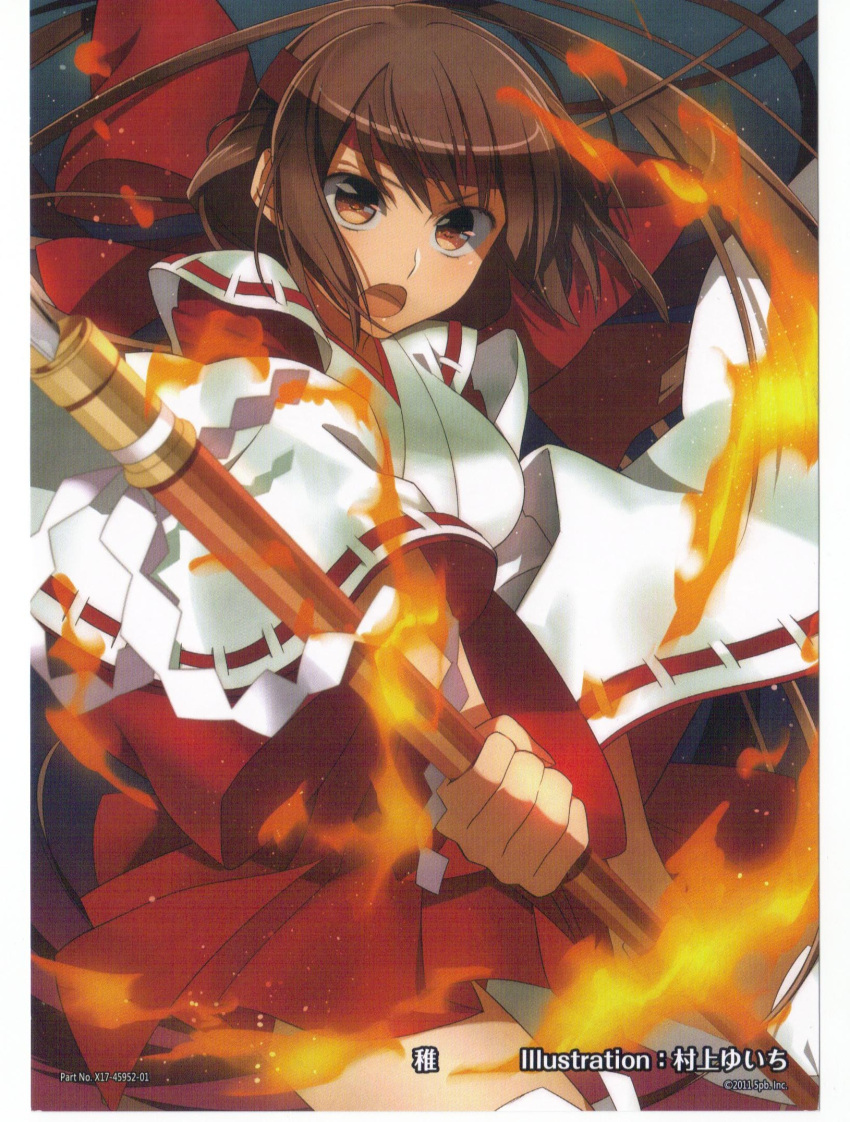 1girl, artist_request, bow, brown_eyes, brown_hair, fire, hair_bow, headband