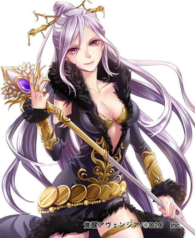 1girl, breasts, cleavage, kakusei_avenger, long_hair, ojyou, purple_hair, solo