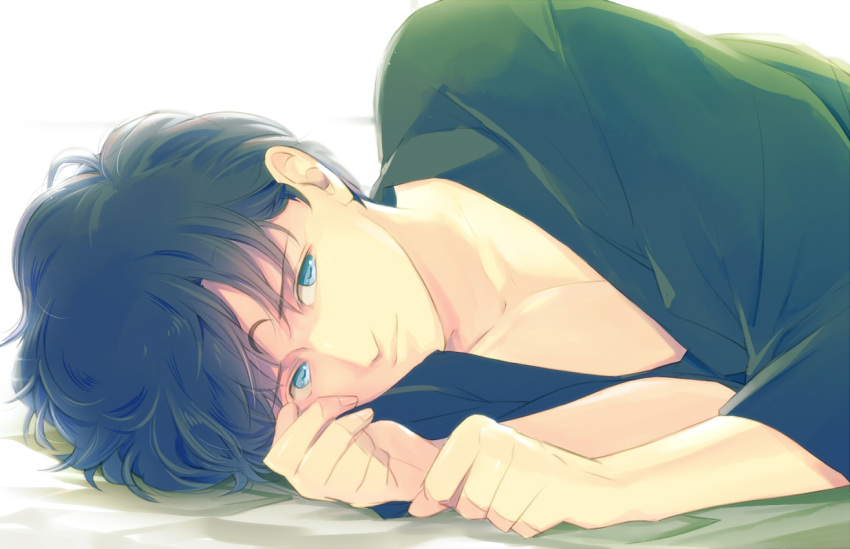 1boy, bishoujo_senshi_sailor_moon, black_hair, blue_eyes, facial_mark, forehead_mark, looking_at_viewer, lying
