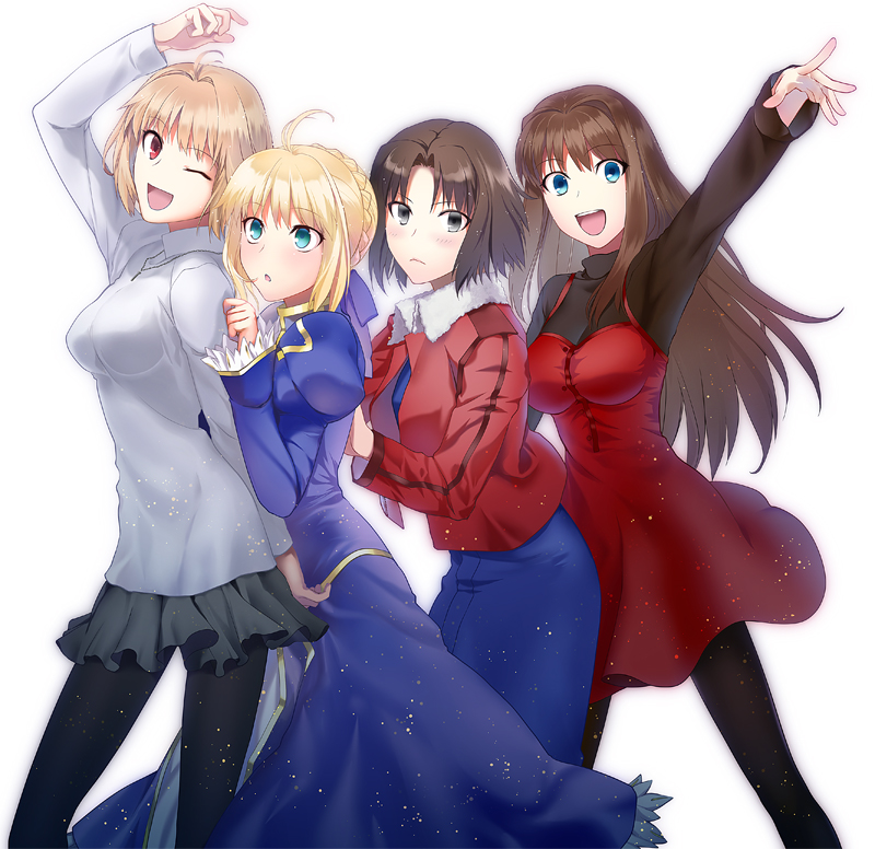 4girls, ahoge, aozaki_aoko, arcueid_brunestud, blac_legwear, blonde_hair, blue_eyes, brown_eyes, brown_hair, fate/stay_night, fate_(series), green_eyes, japanese_clothes, kara_no_kyoukai, kimono, long_hair, mahou_tsukai_no_yoru, multiple_girls, nekotawa, red_eyes, ryougi_shiki, saber, shot_hair, tsukihime, type-moon