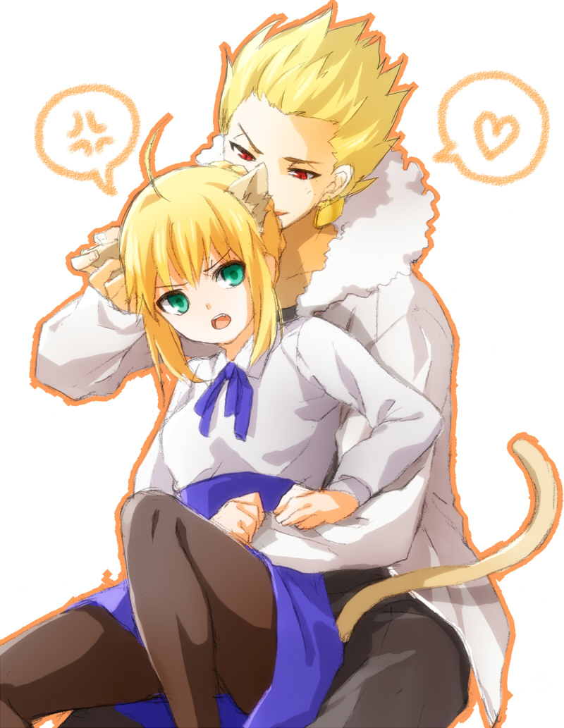 1boy, 1girl, ahoge, animal_ears, blonde_hair, casual, cat_ears, cat_tail