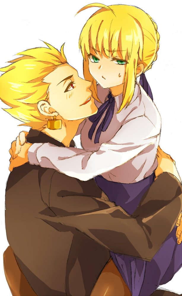 1boy, 1girl, ahoge, blonde_hair, casual, earrings, fate/stay_night, fate_(series)