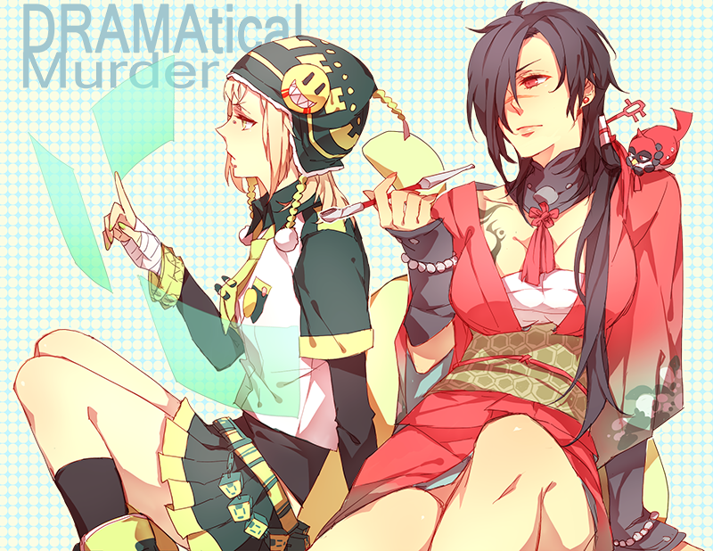 2girls, badge, black_hair, blonde_hair, bracelet, breasts, button_badge, cleavage