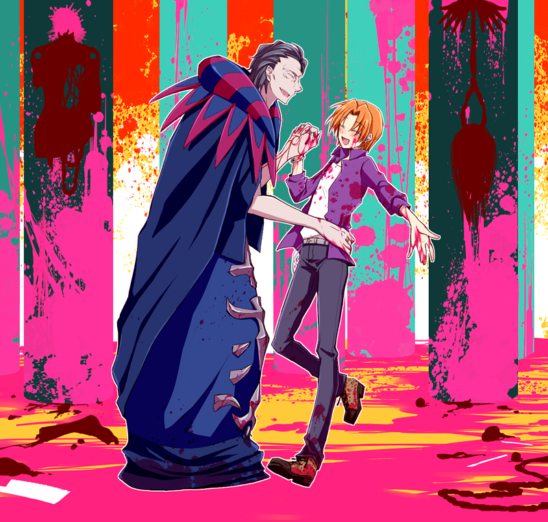 2boys, black_hair, blood, caster_(fate/zero), dancing, fate/zero, fate_(series), mitsufuki