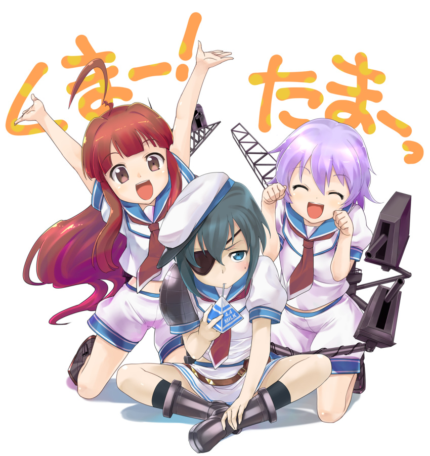 3girls, :d, ahoge, armor, arms_up, belt, black_hair, blue_eyes