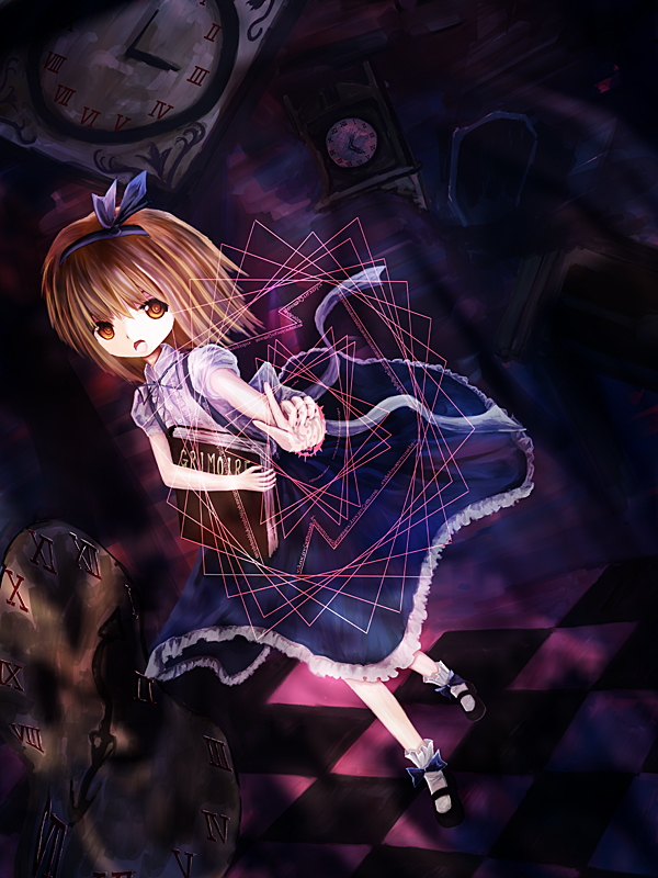 alice_margatroid, alice_margatroid_(pc-98), blonde_hair, book, clock, dark, dress, dress_shirt