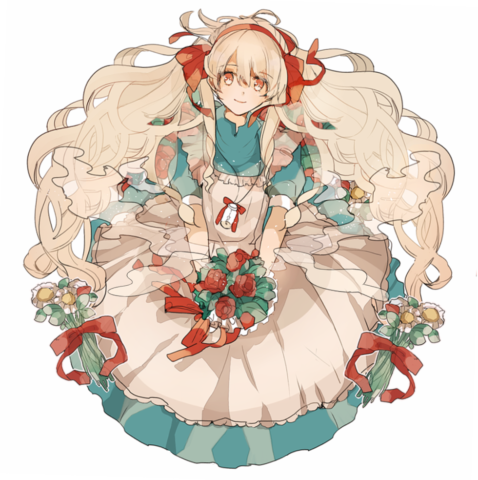 1girl, blonde_hair, bouquet, dress, flower, kagerou_project, long_hair, mary_(kagerou_project), red_eyes, shina_000