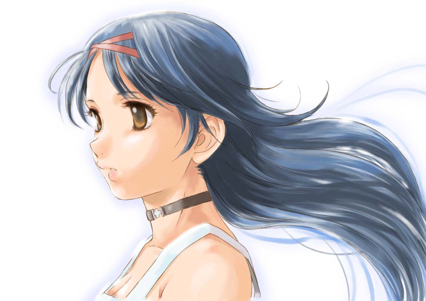 1girl, bare_shoulders, blue_hair, breasts, brown_eyes, bust, choker, cleavage
