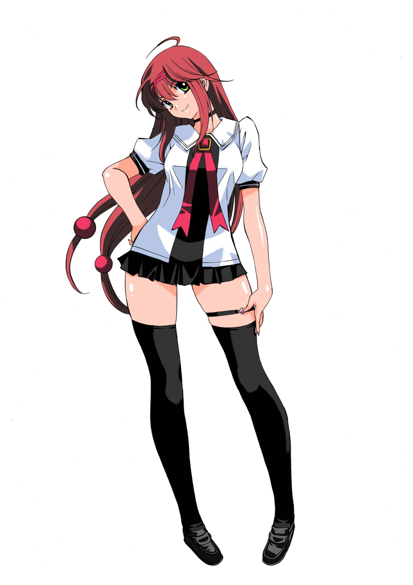 1girl, absurdres, ahoge, black_legwear, brown_hair, choker, green_eyes, hair_ribbon