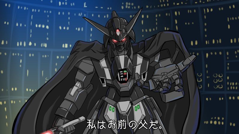 cloak, cosplay, darth_vader, darth_vader_(cosplay), energy_sword, glowing, glowing_eyes, gundam, gundam_age, gundam_age-2, lightsaber, mecha, outstretched_hand, parody, red_eyes, star_wars, stmk64, sword, translated, weapon