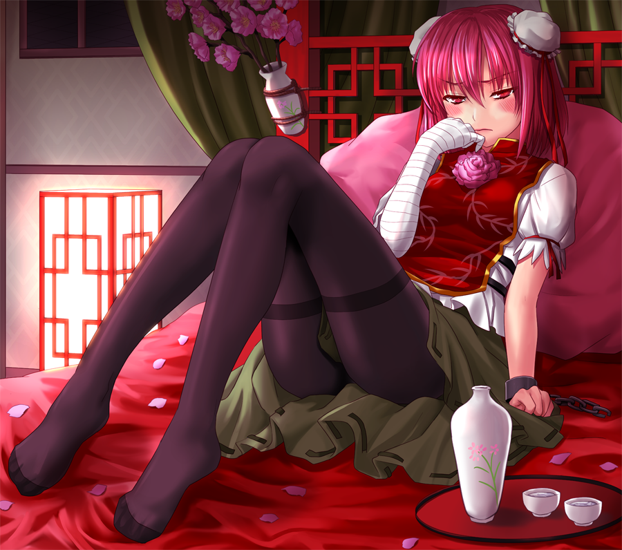 1girl, alcohol, bandages, bed, black_legwear, blush, bun_cover, chain