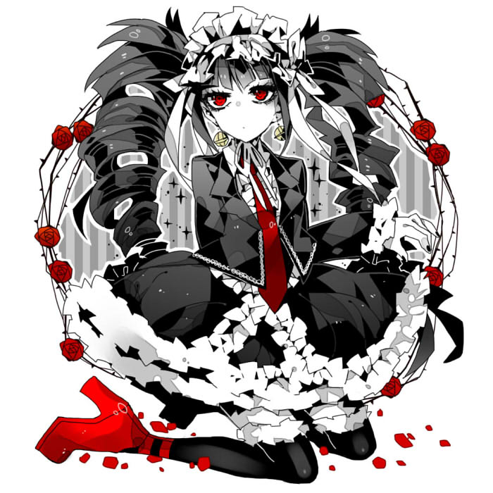 1girl, black_hair, black_legwear, bonnet, celestia_rudenberk, dangan_ronpa, drill_hair, flower