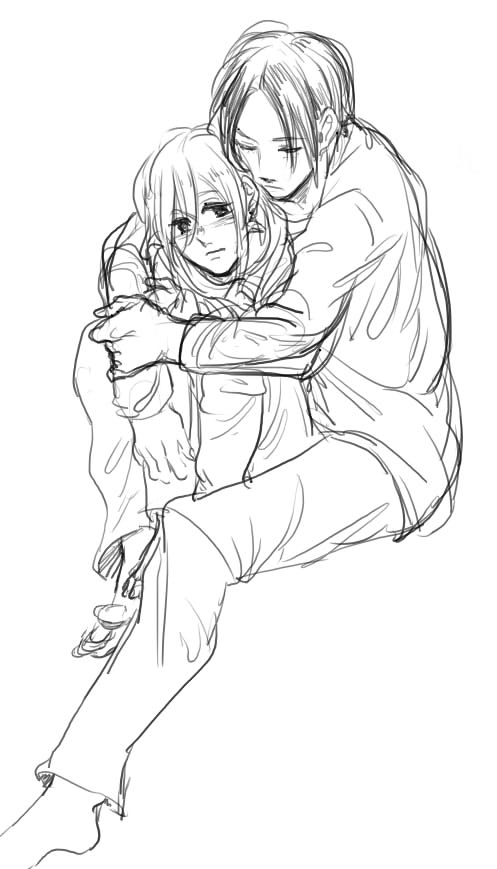 2girls, barefoot, christa_renz, closed_eyes, hug, hug_from_behind, monochrome, motyu_(ogik123)
